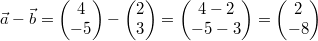 \vec{a}-\vec{b}=\begin{pmatrix}4\\-5\end{pmatrix}-\begin{pmatrix}2\\3\end{pmatrix}=\begin{pmatrix}4-2\\-5-3\end{pmatrix}=\begin{pmatrix}2\\-8\end{pmatrix}