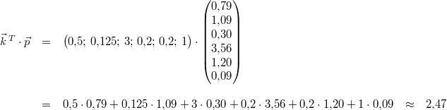 \begin{array}{cclcl} \vec{k}^{\,T}\cdot\vec{p} &=& \begin{pmatrix}0{,}5;\, 0{,}125;\, 3;\, 0{,}2;\, 0{,}2;\, 1\end{pmatrix} \cdot \begin{pmatrix}0{,}79\\1{,}09\\0{,}30\\3{,}56\\1{,}20\\0{,}09\end{pmatrix} \\ \\ &=& 0{,}5\cdot 0{,}79 + 0{,}125\cdot 1{,}09 + 3\cdot 0{,}30 + 0{,}2\cdot 3{,}56 + 0{,}2\cdot 1{,}20 + 1\cdot 0{,}09 &\approx& 2{,}47 \end{array}