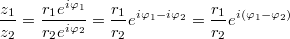 \frac{z_1}{z_2}=\frac{r_1e^{i\varphi_1}}{r_2e^{i\varphi_2}}=\frac{r_1}{r_2}e^{i\varphi_1-i\varphi_2}=\frac{r_1}{r_2}e^{i(\varphi_1-\varphi_2)}