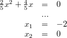 \begin{array}{rcl} \frac{2}{5}x^2+\frac{4}{5}x &=& 0 \\ &...& \\ x_1 &=& -2 \\ x_2 &=& 0 \end{array}