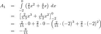 \begin{array}{rcl} A_1 &=& \int\limits_{-2}^0 \left(\frac{2}{5}x^2+\frac{4}{5}x\right)\,dx \\ &=& \left[\frac{2}{5\cdot 3}x^3+\frac{4}{5\cdot 2}x^2\right]_{-2}^0 \\ &=& \frac{2}{15}\cdot 0+\frac{2}{5}\cdot 0-\left(\frac{2}{15}\cdot\left(-2\right)^3+\frac{2}{5}\cdot\left(-2\right)^2\right) \\ &=& -\frac{8}{15} \end{array}