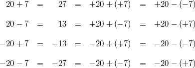 \begin{array}{rcrcccc} 20+7 &=& 27 &=& +20+(+7) &=& +20-(-7) \\ \\ 20-7 &=& 13 &=& +20+(-7) &=& +20-(+7) \\ \\ -20+7 &=& -13 &=& -20+(+7) &=& -20-(-7) \\ \\ -20-7 &=& -27 &=& -20+(-7) &=& -20-(+7) \end{array}