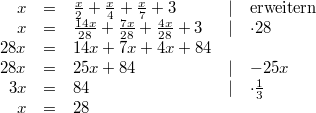 \begin{array}{rclcl}x &=& \frac{x}{2}+\frac{x}{4}+\frac{x}{7}+3 &\vert& \mbox{erweitern} \\ x &=& \frac{14x}{28}+\frac{7x}{28}+\frac{4x}{28}+3 &\vert& \cdot 28 \\ 28x &=& 14x+7x+4x+84 \\ 28x &=& 25x+84 &\vert& -25x \\ 3x &=& 84 &\vert& \cdot \frac{1}{3} \\ x &=& 28 \end{array}