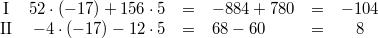 \begin{array}{crclcc} \mbox{I} & 52 \cdot (-17)+156 \cdot 5 &=& -884+780 &=& -104 \\ \mbox{II} & -4 \cdot (-17)-12 \cdot 5 &=& 68-60 &=& 8 \end{array}
