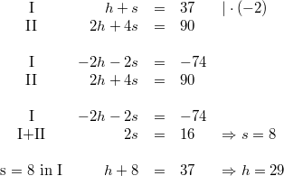 \begin{array}{crclllcc} \mbox{I} & h+s &=& 37 & \vert \cdot (-2) \\ \mbox{II} & 2h+4s &=& 90 \\ \\ \mbox{I} & -2h-2s &=& -74 \\ \mbox{II} & 2h+4s &=& 90 \\ \\ \mbox{I} & -2h-2s &=& -74 \\ \mbox{I+II} & 2s &=& 16 & \Rightarrow s = 8 \\ \\ \mbox{s = 8 in I} &  h+8 &=& 37 & \Rightarrow h = 29 \end{array}