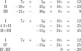 \begin{array}{crcrcrcrl} \mbox{I} & 7x &+& 5y &-& 10z &=& 12 \\ \mbox{II} & -28x &-& 35y &+& 16z &=& -23 \\ \mbox{III} & -21x &-& 30y &+& 6z &=& 9 \\ \\ \mbox{I} & 7x &+& 5y &-& 10z &=& 12 \\ \mbox{4 I+II} & & & -15y &-& 24z &=& 25 \\ \mbox{3I+III} & & & -15y &-& 24z &=& 45 \\ \\ \mbox{I} & 7x &+& 5y &-& 10z &=& 12 \\ \mbox{II'} & & & -15y &-& 24z &=& 25 \\ \mbox{II'-III'} & & & & & 0 &=& -20 \end{array}
