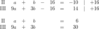 \begin{array}{crcrcrcrcl} \mbox{II} & a &+& b &-& 16 &=& -10 &\vert& +16 \\ \mbox{III} & 9a &+& 3b &-& 16 &=& 14 &\vert& +16 \\ \\ \mbox{II} & a &+& b & & &=& 6 \\ \mbox{III} & 9a &+& 3b & & &=& 30 \end{array}