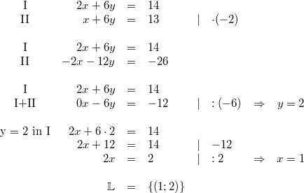\begin{array}{crclllcc} \mbox{I} & 2x+6y &=& 14 \\ \mbox{II} & x+6y &=& 13 & \vert & \cdot (-2) \\ \\  \mbox{I} & 2x+6y &=& 14 \\ \mbox{II} & -2x-12y &=& -26 \\ \\  \mbox{I} & 2x+6y &=& 14 \\ \mbox{I+II} & 0x-6y &=& -12 & \vert & :(-6) & \Rightarrow & y = 2 \\ \\ \mbox{y = 2 in I} & 2x+6 \cdot 2 &=& 14 \\ & 2x+12 &=& 14  & \vert  &-12 \\ & 2x &=& 2 & \vert & :2 & \Rightarrow & x = 1 \\ \\ & \mathbb{L} &=& \{\left(1; 2\right)\} \end{array}