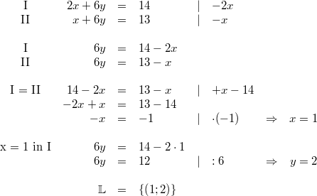 \begin{array}{crclllcc} \mbox{I} & 2x+6y &=& 14 & \vert & -2x \\ \mbox{II} & x+6y &=& 13 & \vert & -x \\ \\  \mbox{I} & 6y &=& 14-2x \\ \mbox{II} & 6y &=& 13-x \\ \\  \mbox{I = II} & 14-2x &=& 13-x & \vert & +x -14 \\ & -2x+x &=& 13-14 & \\ & -x &=& -1 & \vert & \cdot (-1) & \Rightarrow & x = 1 \\ \\ \mbox{x = 1 in I} & 6y &=& 14-2 \cdot 1 \\ & 6y &=& 12  & \vert & :6 & \Rightarrow & y = 2 \\ \\ & \mathbb{L} &=& \{\left(1; 2\right)\} \end{array}