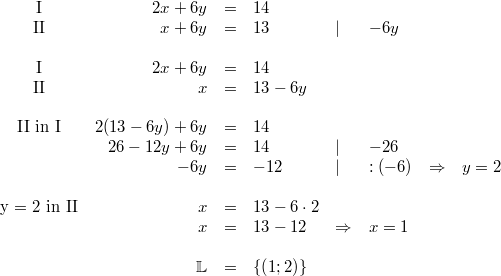 \begin{array}{crclllcc} \mbox{I} & 2x+6y &=& 14 \\ \mbox{II} & x+6y &=& 13 & \vert & -6y \\ \\  \mbox{I} & 2x+6y &=& 14 \\ \mbox{II} & x &=& 13-6y \\ \\ \mbox{II in I} & 2(13-6y)+6y &=& 14 \\ & 26-12y+6y &=& 14 & \vert & -26 \\ & -6y &=& -12 & \vert & :(-6) & \Rightarrow & y = 2 \\ \\ \mbox{y = 2 in II} & x &=& 13-6 \cdot 2 \\ & x &=& 13-12 & \Rightarrow & x = 1 \\ \\ & \mathbb{L} &=& \{\left(1; 2\right)\} \end{array}