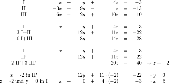 \begin{array}{crcrcrcrl} \mbox{I} & x &+& y &+& 4z &=& -3 \\ \mbox{II} & -3x &+& 9y &-& z &=& -13 \\ \mbox{III} & 6x &-& 2y &+& 10z &=& 10 \\ \\ \mbox{I} & x &+& y &+& 4z &=& -3 \\ \mbox{3 I+II} & & & 12y &+& 11z &=& -22 \\ \mbox{-6 I+III} & & & -8y &-& 14z &=& 28 \\ \\ \mbox{I} & x &+& y &+& 4z &=& -3 \\ \mbox{II'} & & & 12y &+& 11z &=& -22 \\ \mbox{2 II'+3 III'} & & & & & -20z &=& 40 & \Rightarrow z = -2 \\ \\ \mbox{z = -2 in II'} & & & 12y &+& 11 \cdot (-2) &=& -22 & \Rightarrow y = 0 \\ \mbox{z = -2 und y = 0 in I} & x &+& 0 &+& 4 \cdot (-2) &=& -3 & \Rightarrow x = 5 \end{array}