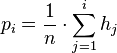 p_i = \frac{1}{n} \cdot \sum_{j=1}^i h_j