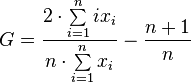 G=\frac{2 \cdot \sum\limits_{i=1}^n i x_i}{n \cdot \sum\limits_{i=1}^n x_i } - \frac{n+1}{n} 