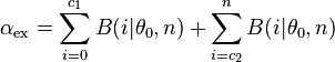 \alpha_\text{ex}=\sum_{i=0}^{c_1} B(i|\theta_0,n)+\sum_{i=c_2}^n B(i|\theta_0,n)