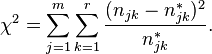  \chi ^2= \sum_{j=1}^m\sum_{k=1}^r \frac{(n_{jk}- n^*_{jk})^2}{n^*_{jk}}.